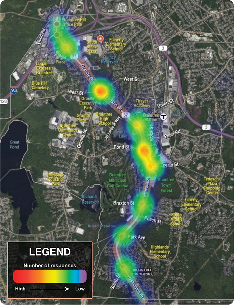 Figure 16 is an aerial photo showing locations where people feel unsafe walking, biking, or using assistive mobility device.